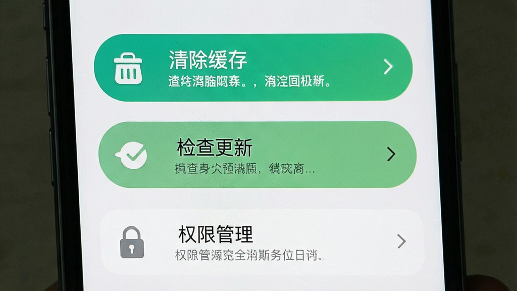 一张手机屏幕截图风格的图片,画面显示逗号APP的设置页面,页面上有“清除缓存”、“检查更新”、“权限管理”等选项按钮,背景为浅色,按钮为圆角矩形,整体布局清晰,细节包括清晰的文字说明和图标,画质高清,干净无多余元素