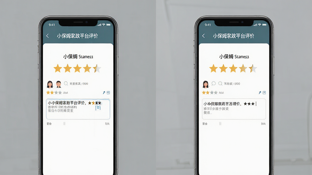 一张展示小保姆家政平台评价界面的图片,手机屏幕显示星级评分和文字评价输入框,背景是简洁的灰色调,风格商务,细节清晰,画质干净,无多余元素