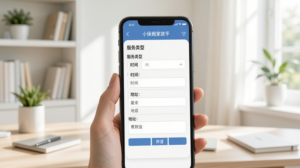 一张展示小保姆家政平台需求发布界面的图片,手机屏幕显示表单填写页面,包括服务类型、时间、地址等字段,背景是明亮的家庭书房,风格简约,细节清晰,画质干净,无多余元素