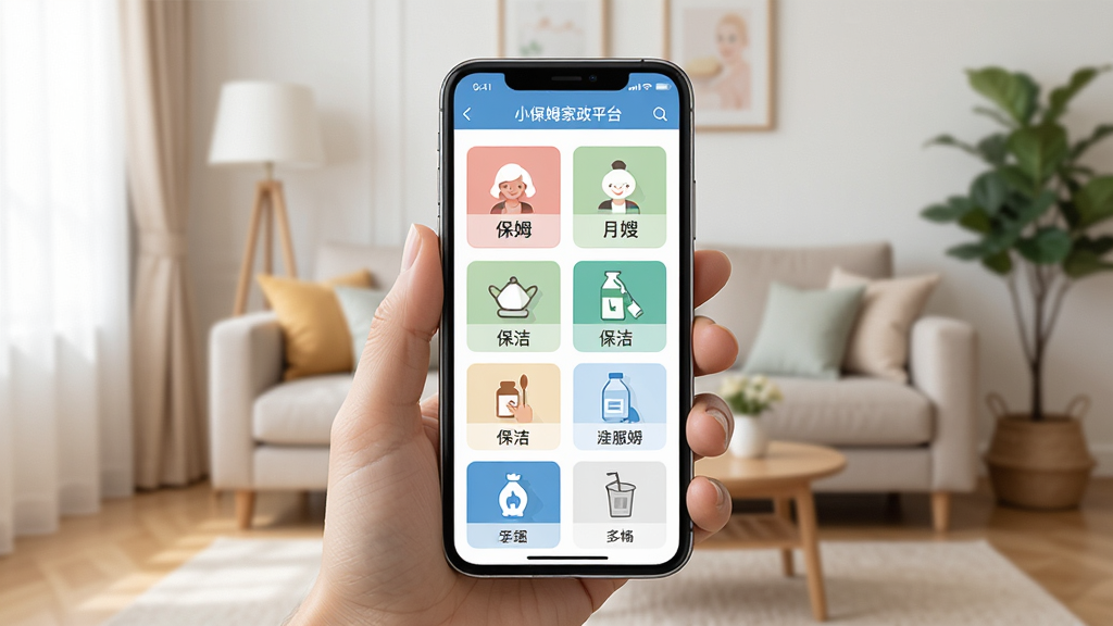 一张展示小保姆家政平台手机应用界面的图片,画面中央是一部智能手机,屏幕显示家政服务分类列表,包括保姆、月嫂、保洁等图标,背景是温馨的家庭客厅场景,风格简洁明亮,细节清晰,画质干净,无多余元素