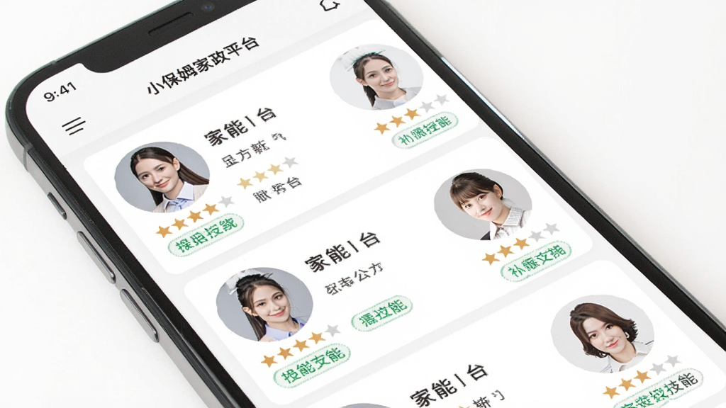 一张展示小保姆家政平台家政人员列表界面的图片,画面中手机屏幕显示多位家政人员的头像、评分和技能标签,背景是干净的白色调,风格清新,细节丰富,画质清晰,无多余元素