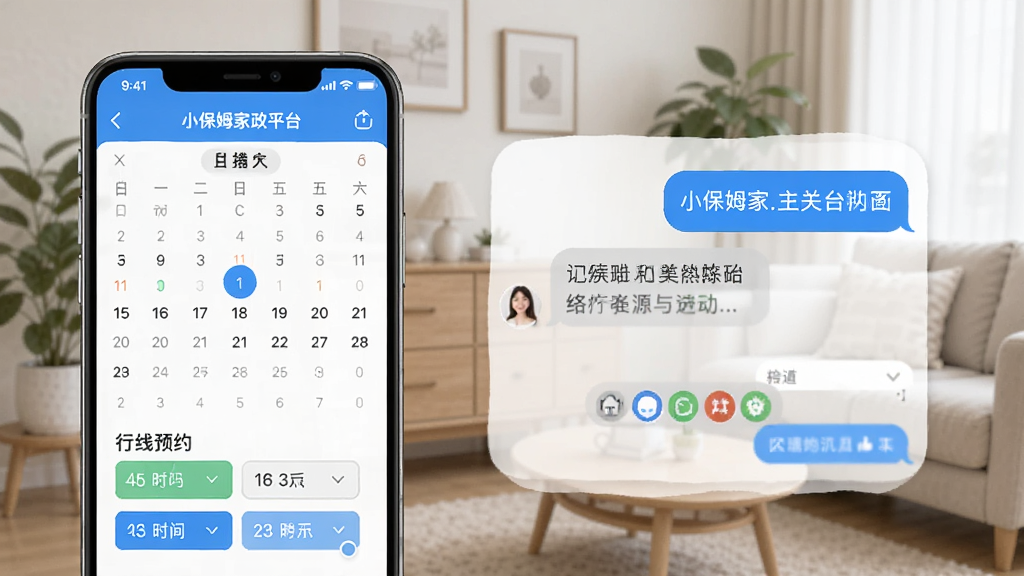一张展示小保姆家政平台在线预约界面的图片,手机屏幕显示日历选择和时间段选项,旁边有沟通对话框,背景是柔和的家居环境,风格现代,细节清晰,画质干净,无多余元素