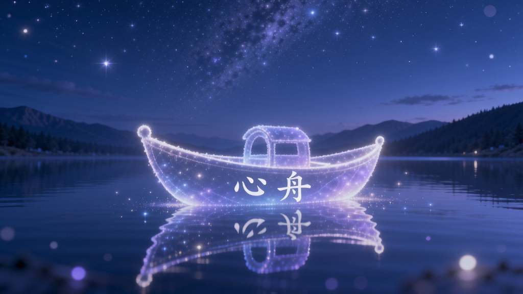 画面中心是一艘由柔和光线构成的小船,漂浮在宁静的湖面上,船身写着「心舟」二字,背景是星空与远山,整体采用蓝紫色调,风格治愈梦幻,细节包括水面倒影与发光粒子,画质高清,干净无多余元素