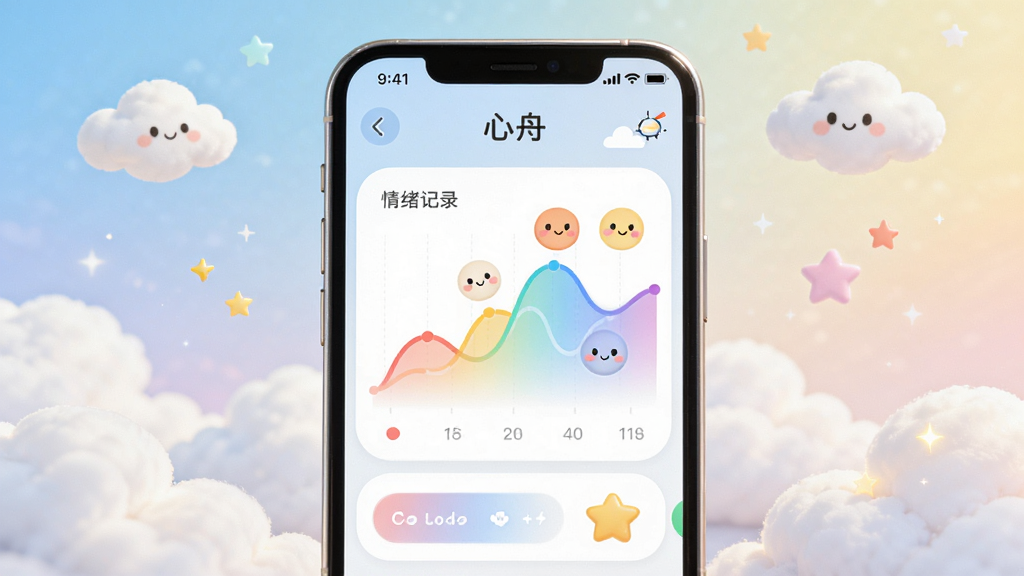 画面中央是一部手机屏幕,显示着「心舟」App的情绪记录界面,界面中有彩色情绪曲线和可爱的表情图标,周围环绕着柔软的云朵和星星,布局简洁居中,风格清新治愈,细节包括柔和的渐变背景和圆润的UI元素,画质高清,干净无多余元素