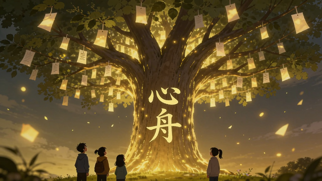 画面中是一棵发光的巨大树木,树干上写着「心舟」二字,树枝上挂着许多发光的小纸条,树下有几个人影在仰望,布局以树为中心,风格温馨治愈,细节包括飘落的光点和柔和的暖黄色光线,画质高清,干净无多余元素