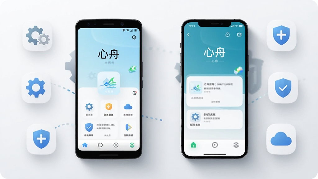 画面展示一部安卓手机和一部iPhone并排摆放,屏幕上都显示着「心舟」App的界面,手机周围有齿轮、盾牌、云朵等图标代表设置与安全,布局左右对称,风格科技简约,细节包括柔和的阴影和清晰的屏幕内容,画质高清,干净无多余元素