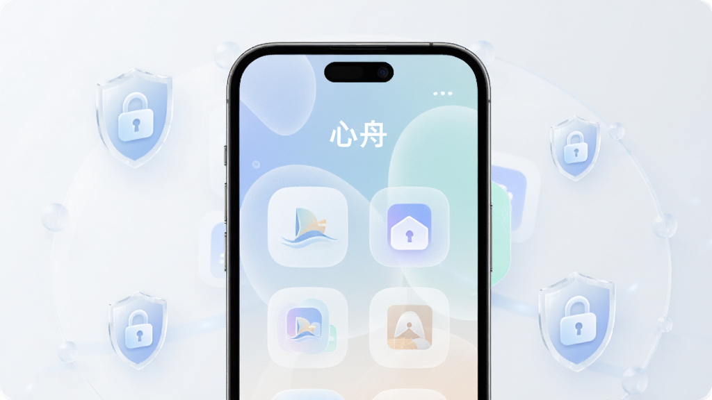 画面是一部手机展示「心舟」App的主界面,界面极其简洁,只有几个圆润的图标和柔和的背景色,手机周围有盾牌和锁的图标象征安全,布局居中,风格极简科技感,细节包括磨砂玻璃质感和淡雅的色调,画质高清,干净无多余元素