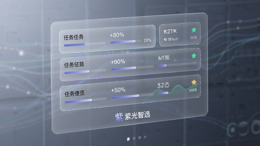 画面中是一块悬浮的半透明控制面板,面板上排列着多个任务卡片,每个卡片显示任务名称、进度条和状态图标,面板下方是「紫光智选」的标识,布局采用纵向列表排版,风格为简洁商务风,细节包括卡片上的微光边缘、进度条上的百分比数字,画质清晰干净,无多余元素