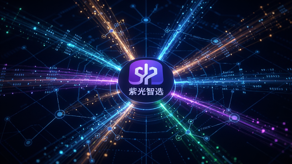 画面展示一个抽象的数据调度中心,多条彩色光线从不同方向汇聚到中央的「紫光智选」标志上,光线代表算力任务流,背景是深蓝色的科技网格,布局采用中心辐射式排版,风格为未来科技感,细节包括光线上的数据粒子、节点连接点,画质高清干净,无多余元素