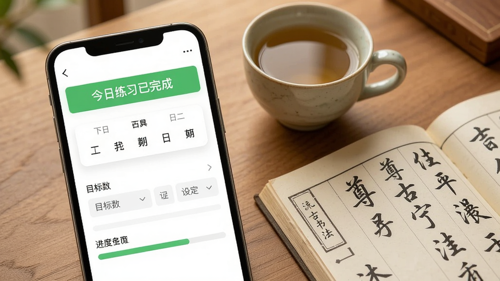 尊古书法个性化练习计划界面截图,手机屏幕展示着练习计划设置页面,有日期选择、目标字数设定和进度条,屏幕上方有“今日练习已完成”的提示,手机旁放着一杯茶和一本翻开的字帖,画面风格温馨舒适,画质清晰,排版整洁,无多余元素,体现尊古书法的练习计划管理功能。