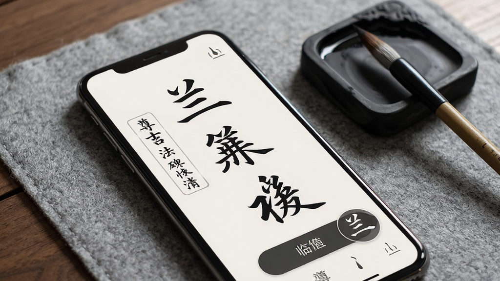 尊古书法应用内页展示,画面主体为手机屏幕特写,屏幕上显示着王羲之的兰亭序字帖,字体高清,旁边有临摹按钮和笔画演示动画,手机放置在铺着毛毡的桌面上,旁边有砚台和毛笔,画面风格古朴典雅,画质细腻,光线自然,干净无杂物,突出尊古书法的碑帖资源特色。