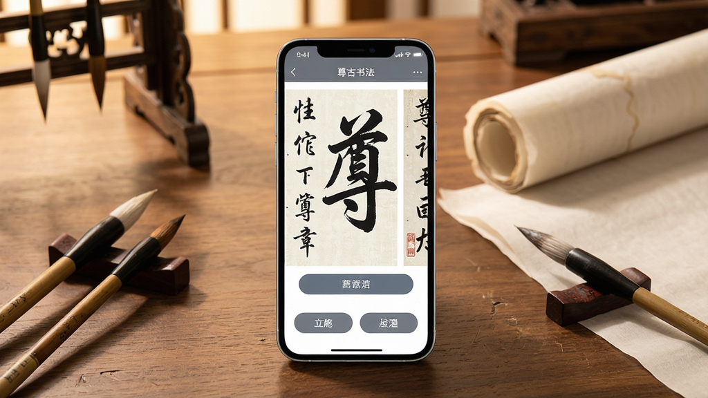 一张展示尊古书法应用界面的高质量宣传图,画面中央是一部现代智能手机,手机屏幕亮起,清晰显示着尊古书法的应用主界面,界面上有毛笔字帖的预览图和功能按钮,手机周围散落着几支毛笔和一张半展开的宣纸,背景是古色古香的木质书桌,光线柔和温暖,画质清晰,干净整洁,无多余元素,整体风格融合传统书法韵味与现代科技感。