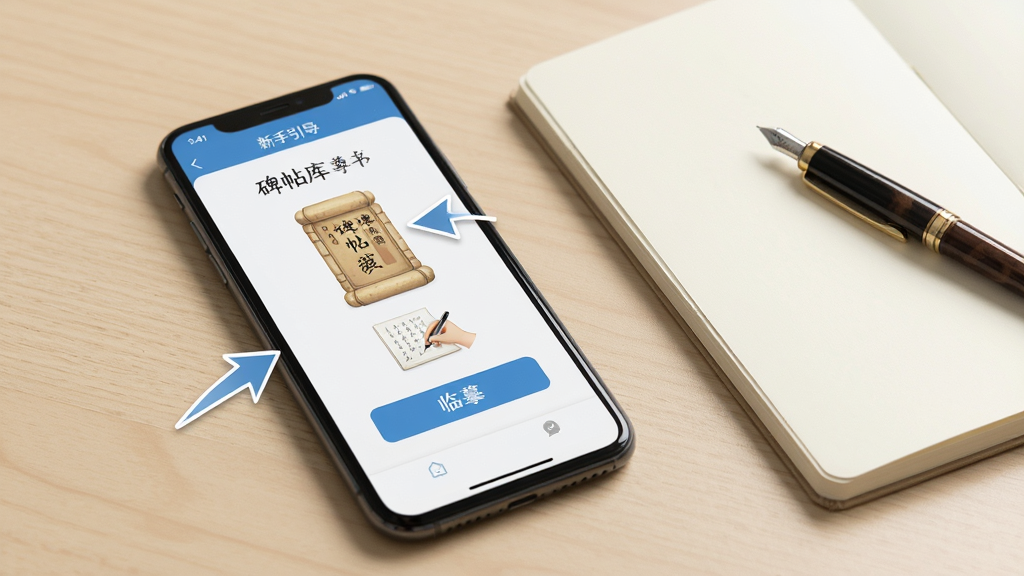 尊古书法新手操作示意图,画面展示一部手机屏幕,屏幕上显示着应用的新手引导页面,有箭头指向“碑帖库”和“临摹”按钮,手机旁边放着一本笔记本和一支笔,背景是简洁的浅色桌面,画面风格清晰明了,画质干净,重点突出操作指引,无多余装饰。
