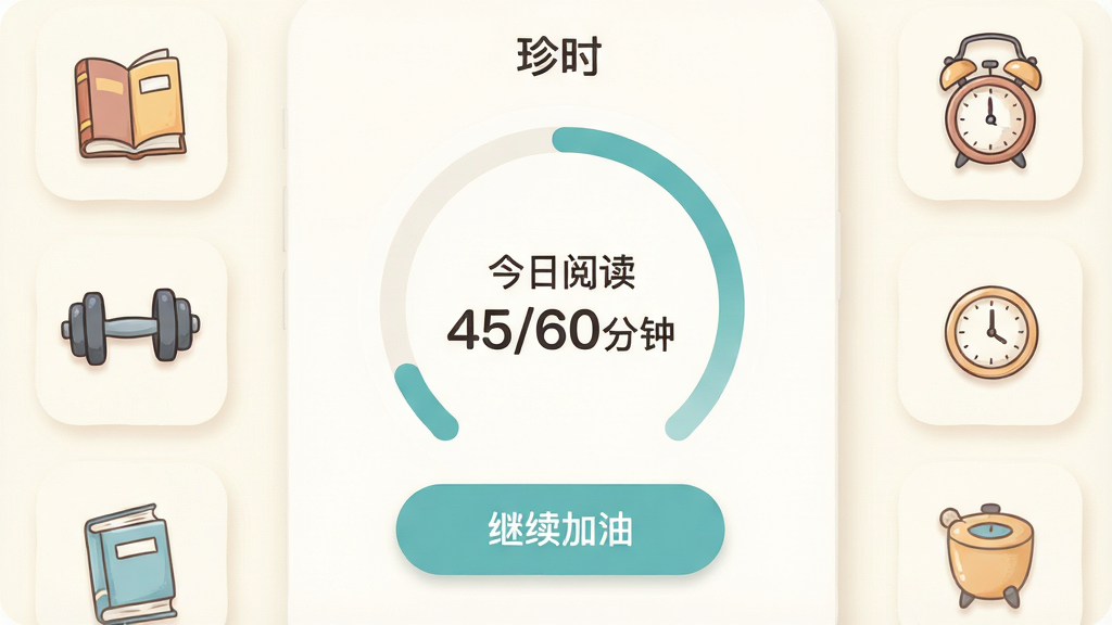 画面展示“珍时”应用的目标设定界面,中央是一个圆形进度条显示“今日阅读 45/60分钟”,下方有“继续加油”按钮,背景为柔和米白色,周围有书本、哑铃、闹钟等小图标,风格为清新插画风,细节包括圆角按钮和柔和阴影,画质清晰,干净,无多余元素