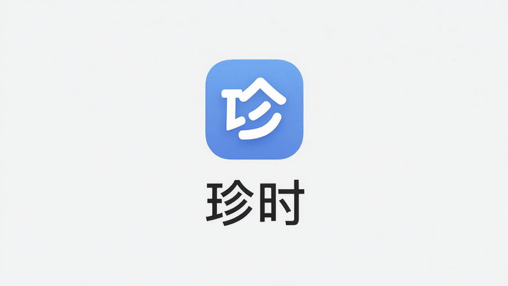 画面展示“珍时”应用启动页,中央是应用图标和“珍时”文字,背景为纯净浅灰色,周围无任何广告元素,风格为极简主义,细节包括图标圆润、文字清晰,画质清晰,干净,无多余元素