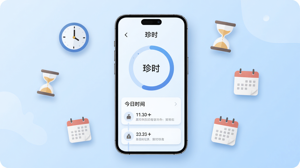 画面中央是一部智能手机,屏幕上显示“珍时”应用主界面,界面中有圆形时间进度环和今日时间轴记录条目,背景为浅蓝色渐变,周围漂浮着时钟、沙漏、日历等简约图标,整体布局干净整齐,风格为扁平化UI插画,细节包括细腻的阴影和圆角卡片,画质清晰,干净,无多余元素