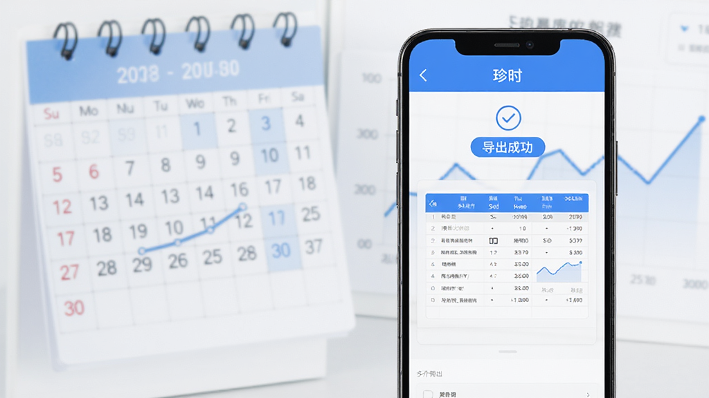 画面为“珍时”应用的数据导出界面,手机屏幕显示“导出成功”提示和一份表格预览,背景有日历和折线图元素,风格为简约商务风,细节包括蓝色主色调、清晰的数据图表,画质清晰,干净,无多余元素