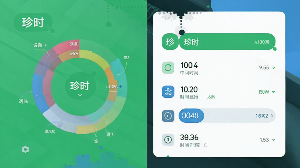 画面主体为“珍时”应用的时间统计页面,左侧是彩色环形图,右侧是时间条目列表,背景为白色卡片式布局,点缀绿色和蓝色色块,风格为现代扁平化UI设计,细节包括数字字体清晰、图标简约,画质清晰,干净,无多余元素