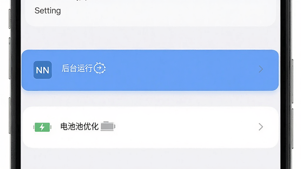一张展示NN加速器在手机上运行时的后台锁定设置示意图,画面主体是手机设置界面截图风格,突出显示