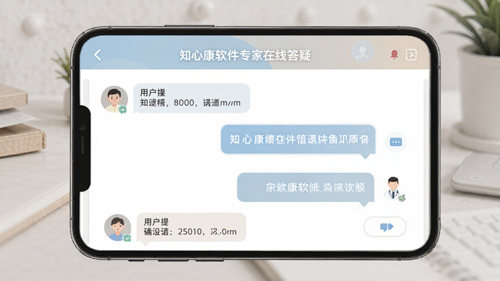 知心康软件专家在线答疑界面,手机屏幕显示问答对话列表,左侧为用户提问,右侧为专家回复,界面配色柔和,图标简洁,整体干净清爽