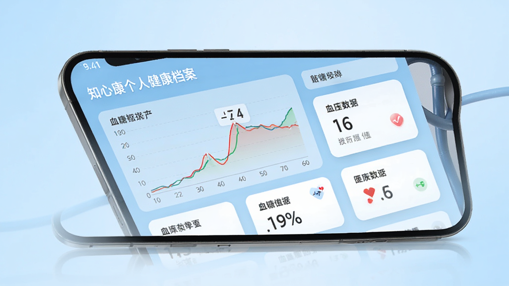 知心康软件个人健康档案界面,手机屏幕展示血压血糖数据曲线图,界面清爽,数据卡片式排列,背景为浅蓝色渐变,整体风格专业简洁,无多余装饰元素