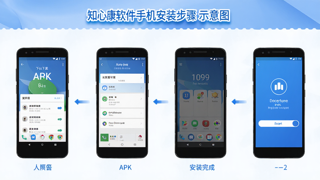 知心康软件手机安装步骤示意图,画面展示安卓手机从下载APK到安装完成的四个步骤,每步配有手机界面截图和简短文字说明,整体风格简洁明了,蓝白配色,干净整洁