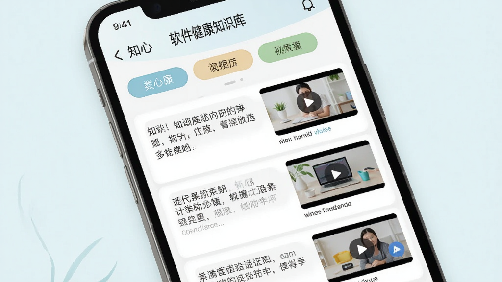知心康软件健康知识库页面,手机屏幕展示分类文章列表和短视频缩略图,分类标签清晰,界面布局整齐,浅色调背景,风格清新素雅