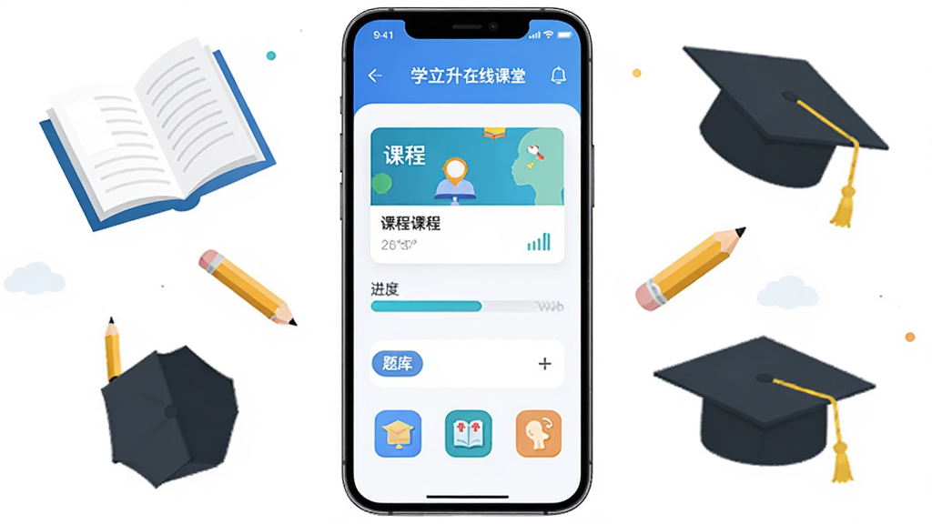 主体为一部智能手机屏幕展示学立升在线课堂界面,布局采用居中构图,手机两侧漂浮着书本、铅笔、毕业帽等学习元素,排版简洁明快,风格为扁平化教育科技风,细节包括课程卡片、进度条、题库图标等UI元素,画质高清干净,无多余元素
