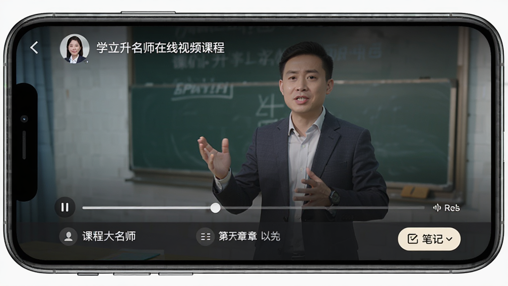 主体为学立升名师在线视频课程播放界面,布局为手机横屏展示,屏幕中央为讲师授课画面,下方为课程进度条和章节列表,排版专业规整,风格为在线教育平台写实风,细节包括讲师头像、课程标题、笔记按钮,画质高清干净,无多余元素