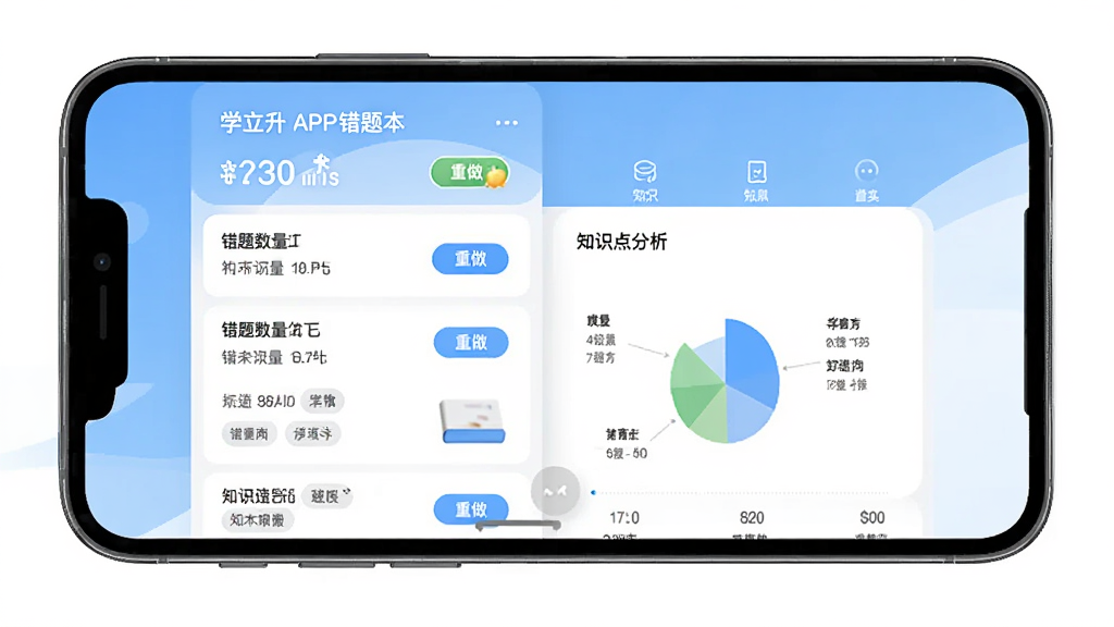 主体为学立升APP错题本功能界面,布局为手机屏幕居中展示,屏幕内显示错题列表和知识点分析图表,排版清晰有条理,风格为教育工具类APP界面风,细节包括错题数量统计、重做按钮、知识点标签,画质高清干净,无多余元素