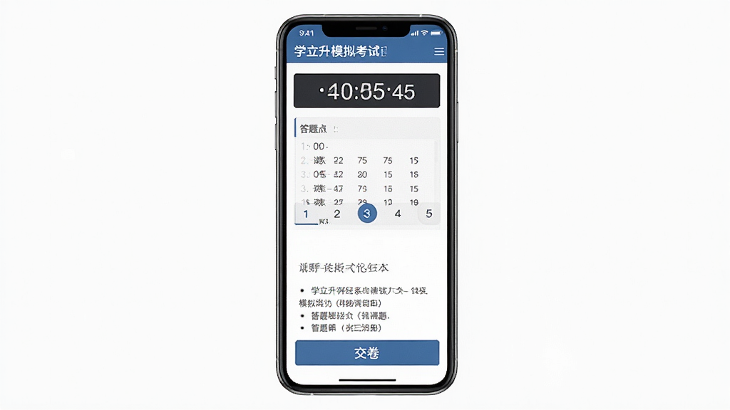 主体为学立升模拟考试界面,布局为手机屏幕居中展示,屏幕内显示考试倒计时、答题卡和试卷题目,排版严肃正式,风格为考试系统界面写实风,细节包括计时器、题号导航、交卷按钮,画质高清干净,无多余元素