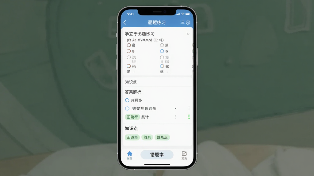 主体为学立升APP题库练习界面截图,布局为手机屏幕居中展示,屏幕内显示选择题、答案解析和知识点标签,排版整齐清晰,风格为教育类APP界面写实风,细节包括答题卡、正确率统计、错题本入口,画质高清干净,无多余元素