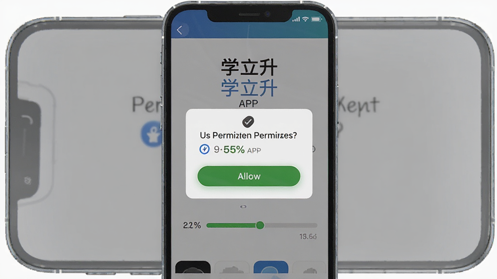 主体为学立升APP在手机上的安装引导页面,布局为手机屏幕居中展示,屏幕内显示权限请求弹窗和安装进度条,排版简洁明了,风格为手机应用安装界面写实风,细节包括权限图标、允许按钮、进度百分比,画质高清干净,无多余元素