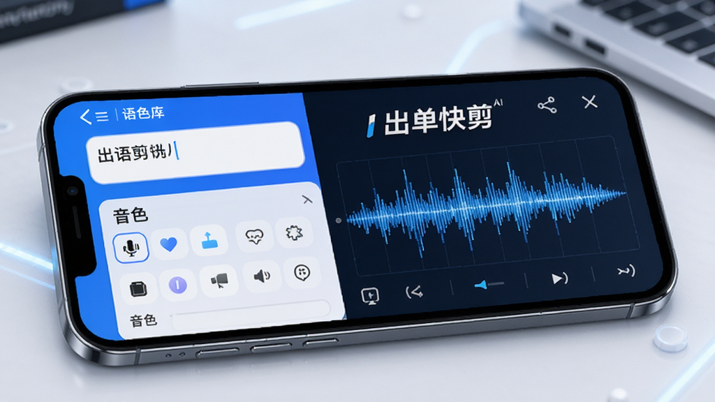 出单快剪软件内的AI语音合成界面,手机屏幕显示文字输入框和音色选择列表,旁边有波形图动态展示,画面中有“出单快剪”字样,风格科技感强,配色以蓝白为主,排版整洁,细节丰富,画质高清,无干扰元素