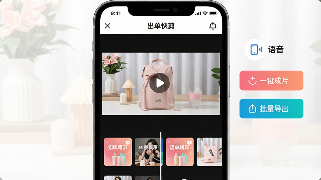 一张展示智能手机屏幕的图片,屏幕上显示着“出单快剪”软件的剪辑界面,界面中央是商品视频预览窗口,下方排列着多个带货模板缩略图,右侧有文字转语音、一键成片、批量导出等功能按钮,整体布局清晰,风格简洁现代,画面干净明亮,画质高清,无多余元素