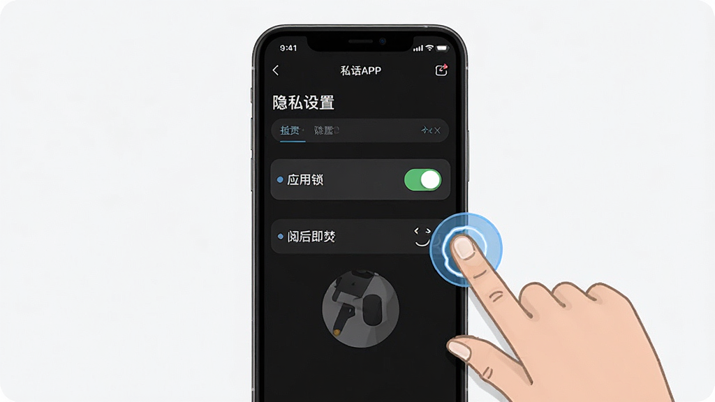 一张手机屏幕截图风格的教学示意图,画面展示私话APP的隐私设置页面,重点突出应用锁开关和阅后即焚选项,界面为深色主题,旁边有手指点击的示意动画,风格清晰直观,画面干净,无多余文字,高清画质
