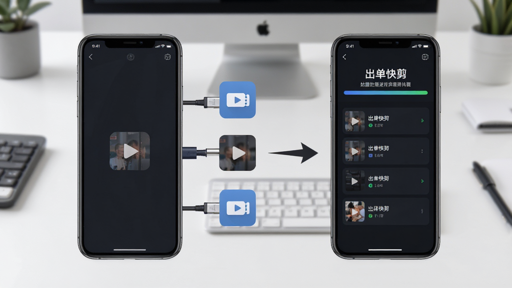 出单快剪批量剪辑功能展示图,画面中一部手机连接着多个视频文件图标,箭头指向导出队列,屏幕上显示“出单快剪”批量处理进度条,背景为简约工作台,风格高效商务,布局对称,细节清晰,画质干净,无多余装饰