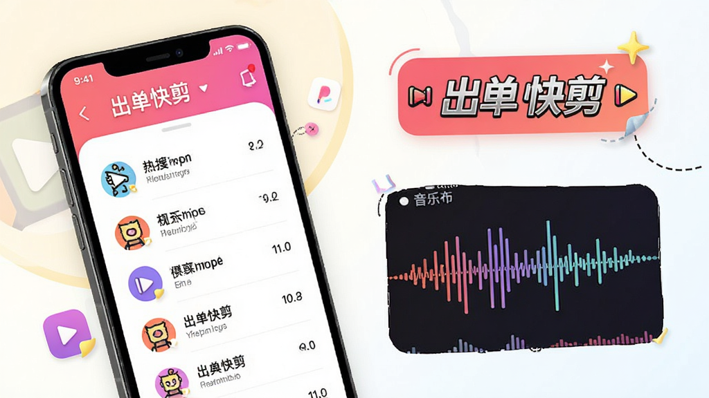 出单快剪热点追踪页面示意图,手机屏幕上显示热搜榜单和音乐波形,带有“出单快剪”标识,界面色彩活泼,图标精致,排版错落有致,风格年轻化,画质明亮,干净整洁