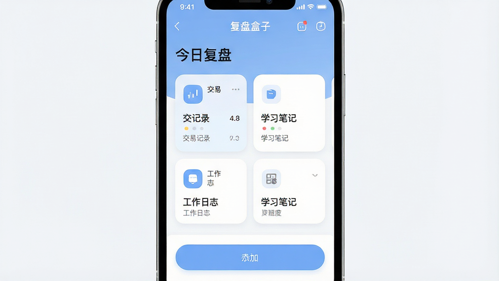 一张手机屏幕展示复盘盒子应用主界面的图片,画面中央是手机竖屏,屏幕内显示