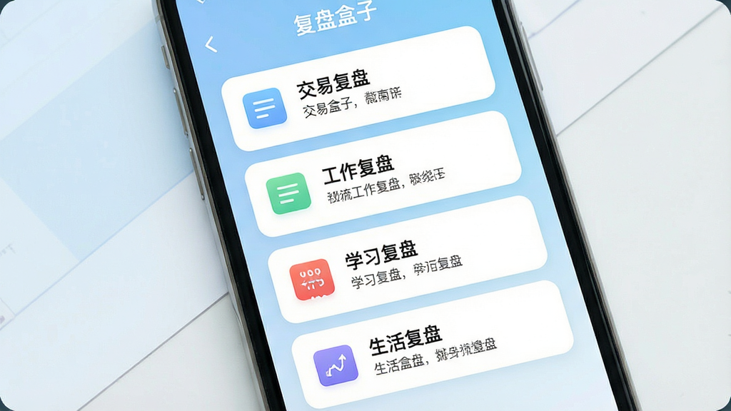 一张展示复盘盒子模板选择界面的图片,画面主体是手机屏幕,屏幕内显示