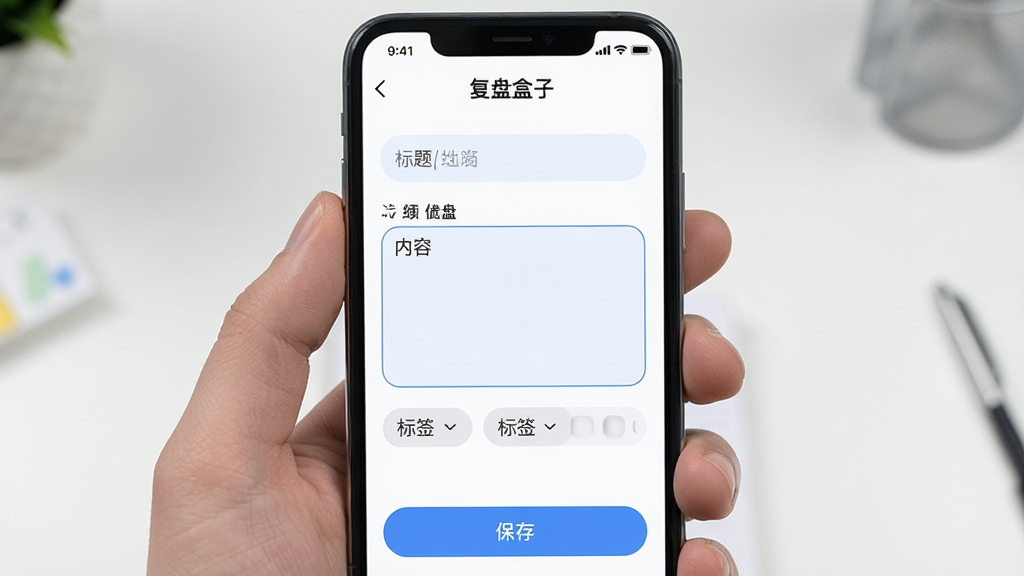 一张展示复盘盒子在手机上记录复盘内容的图片,画面主体是手机屏幕,屏幕内显示