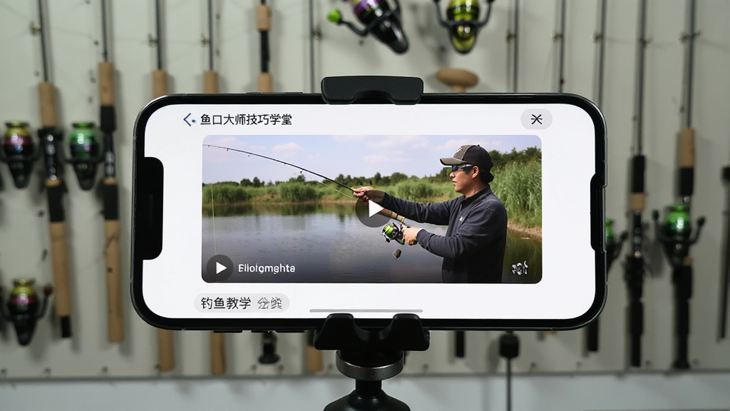 鱼口大师技巧学堂页面,画面为手机屏幕显示钓鱼教学视频列表,屏幕中有一位钓鱼人正在演示抛竿动作,手机放置在支架上,背景为室内钓鱼装备墙,风格为在线教育界面,细节包括视频缩略图、播放按钮、分类标签,画质清晰,干净,无多余元素。