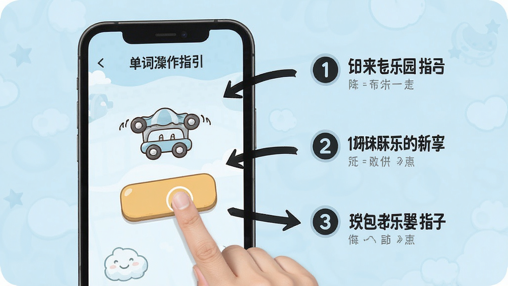 一张单词游乐园新手操作指引的图片,画面中显示手机屏幕界面,有手指点击按钮的动作示意,旁边有箭头标注操作步骤,背景是柔和的浅蓝色,风格为简洁教程风,细节包括步骤数字和文字说明,画质清晰干净,无多余元素