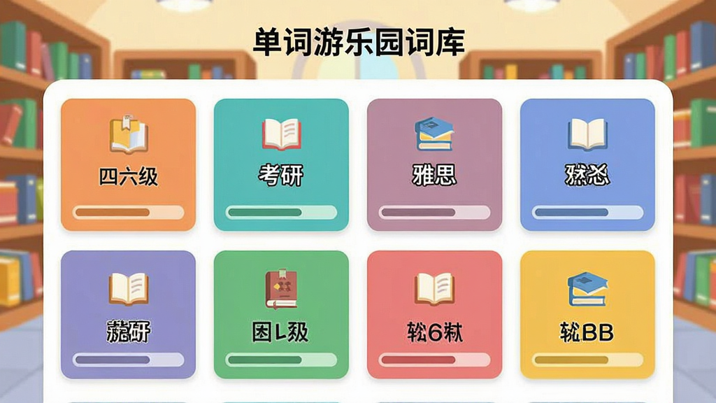 一张单词游乐园词库选择界面的图片,画面中显示多个彩色卡片排列,每张卡片上标注不同词库名称如四六级、考研、雅思等,背景是卡通图书馆场景,风格为简洁扁平化,细节包括卡片上的图标和进度条,画质清晰干净,无多余元素
