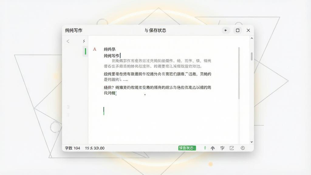 一张展示纯纯写作软件主界面的预览图,画面中央是简洁的纯白色写作编辑区域,顶部显示软件名称“纯纯写作”,底部有字数统计与保存状态栏,周围环绕着柔和的光晕与淡灰色几何装饰线条,整体布局干净利落,风格极简清新,细节上体现文字光标与段落间距的舒适感,画质清晰,画面干净,无多余元素