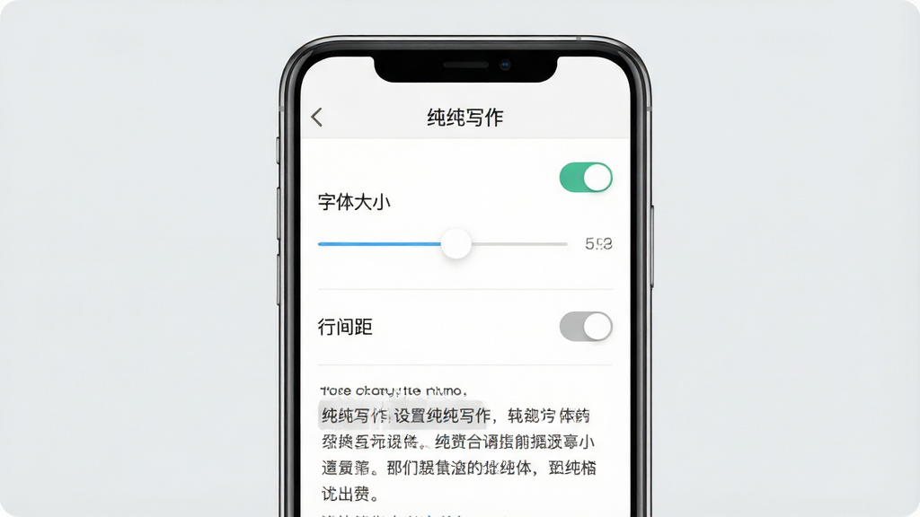 一张展示纯纯写作设置界面的预览图,画面中手机屏幕显示字体大小调节滑块与行间距选项,顶部标注“纯纯写作”设置页,背景为淡灰色,布局清晰分区,风格实用简约,细节上体现选项开关与预览文字,画质干净,无多余元素