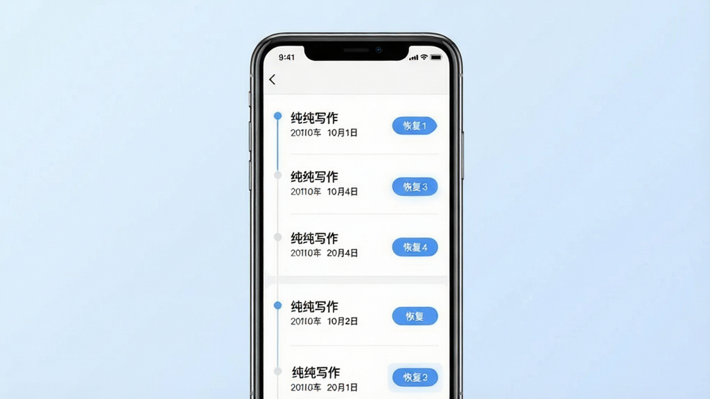 一张展示纯纯写作历史版本功能的预览图,画面中一部手机屏幕显示时间轴列表,每条记录旁标注“纯纯写作”与时间节点,背景为淡蓝色渐变,布局纵向排列清晰,风格科技简约,细节上体现版本对比与恢复按钮,画质清晰,干净无多余元素