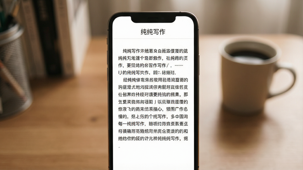 一张表现纯纯写作沉浸式界面的预览图,画面主体是一部手机屏幕,屏幕内显示纯白编辑页面,顶部居中写有“纯纯写作”字样,页面中排列着整齐的中文段落文字,屏幕外围是虚化的书桌与咖啡杯背景,布局居中对称,风格温暖安静,细节突出文字清晰锐利,画质细腻,干净无多余元素