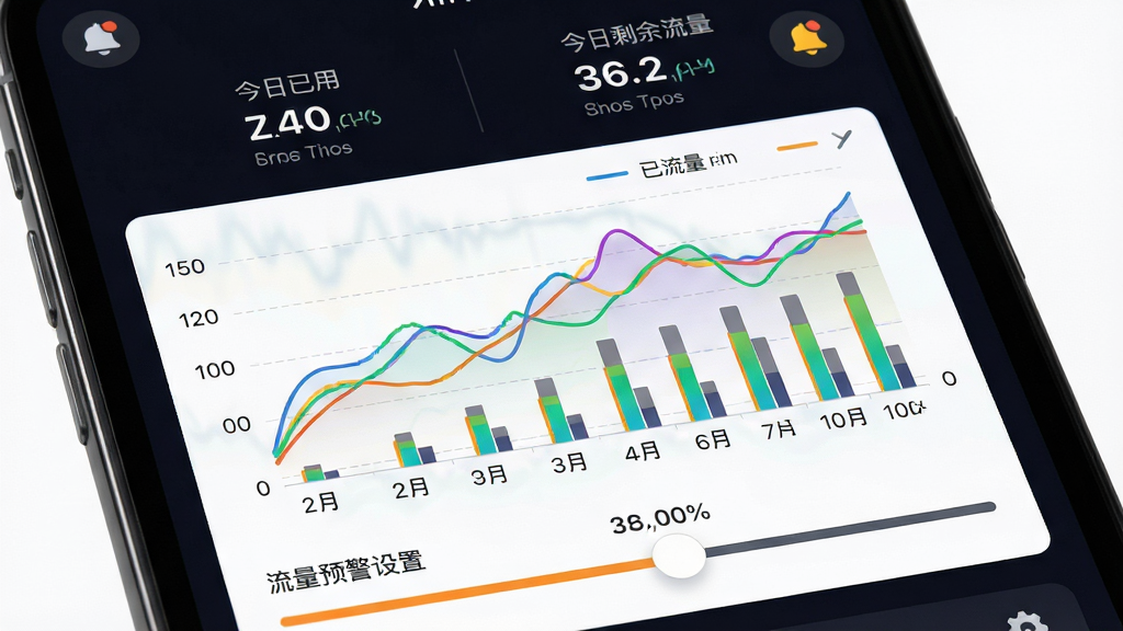 手机屏幕特写展示万能流量卡平台的流量监控页面,页面中央为彩色折线图与柱状图组合,下方有流量预警设置滑块,顶部显示今日已用与剩余流量数字,背景为深色模式界面,风格为科技感数据可视化,细节包括图表网格线、图例标签、通知铃铛图标,画质清晰,干净,无多余元素