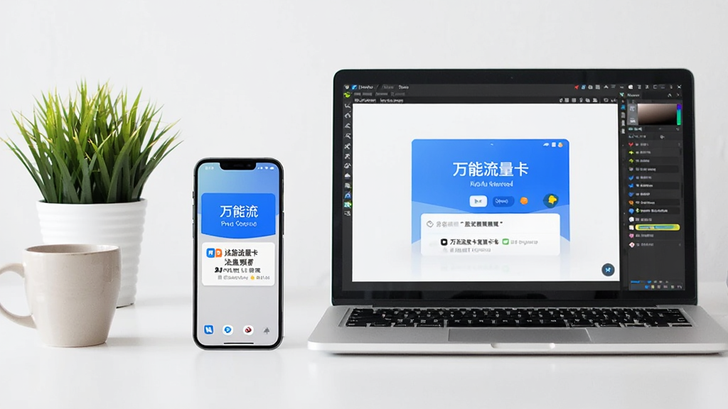 一部手机与一台笔记本电脑并排放在白色桌面上,手机屏幕显示万能流量卡平台的流量预警通知,电脑屏幕显示安卓模拟器运行同一应用,背景为简洁办公环境,风格为生活化场景展示,细节包括桌面绿植、咖啡杯,画质清晰,干净,无多余元素